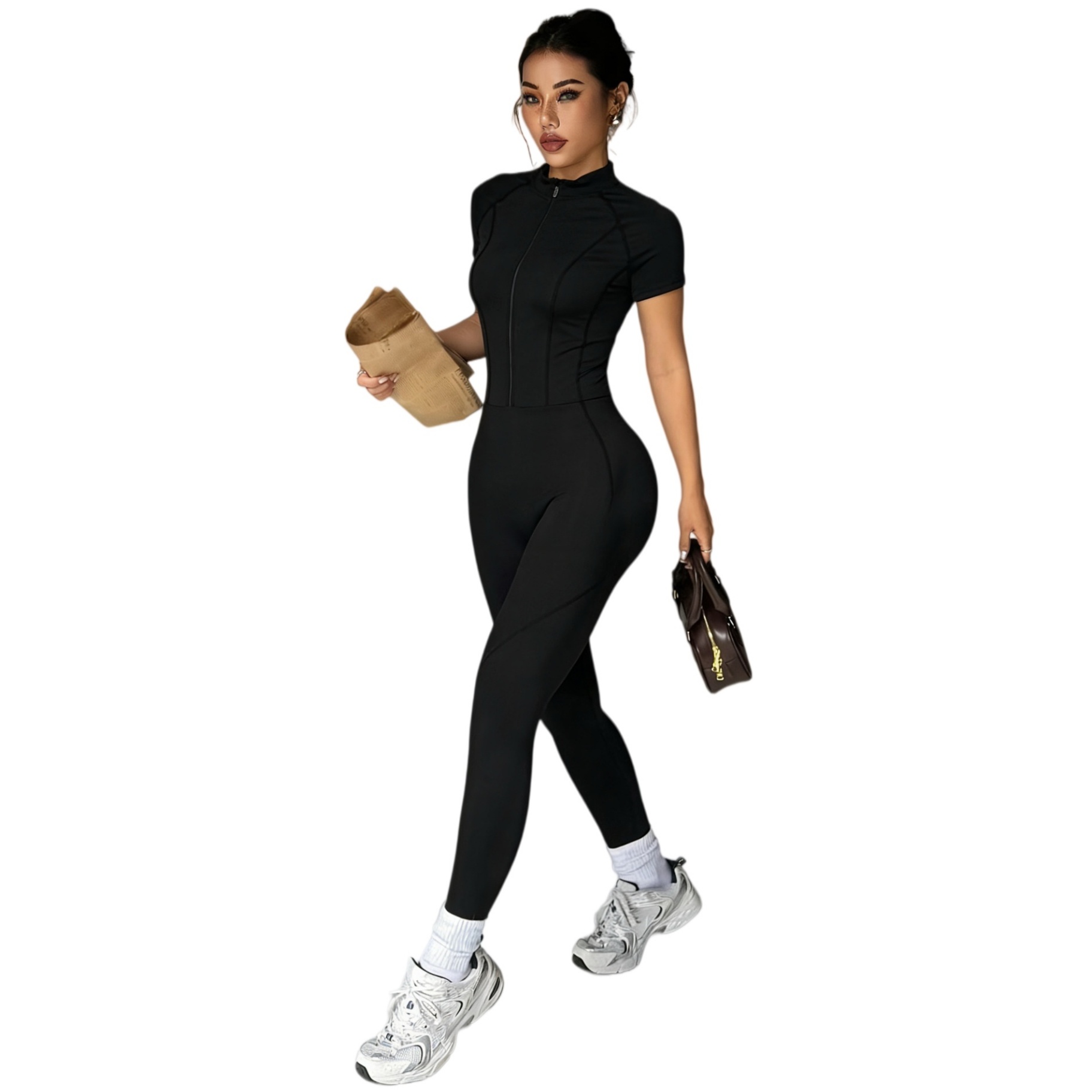 Womens Short Sleeve Zip-Up Fitted Full Length Jumpsuit Bodycon Workout Romper